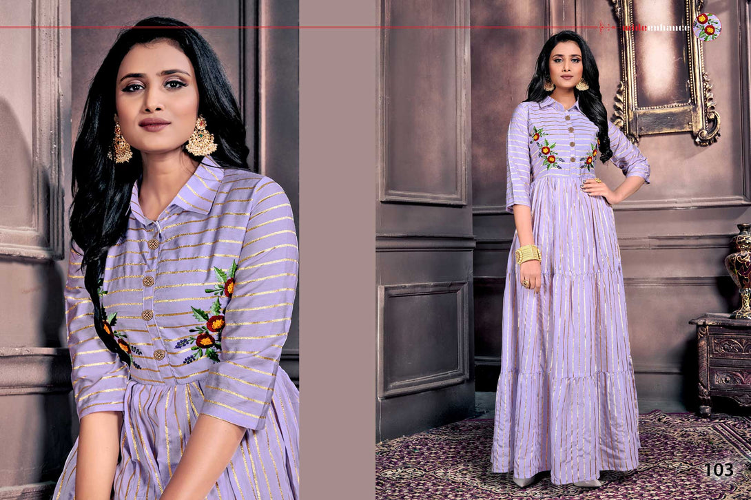 Bella Fancy Dresses US Gowns Partywear Designer Chanderi with Zari Lining Gown Kurti