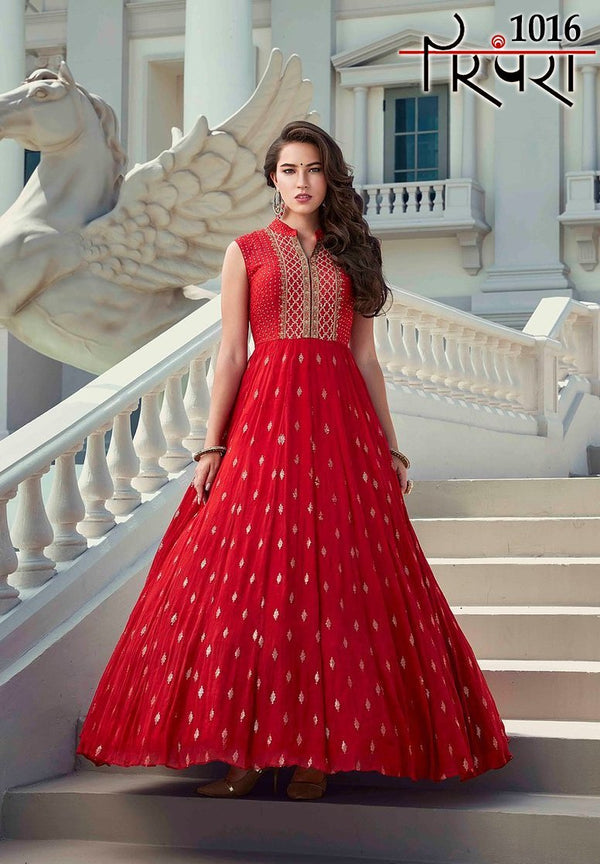 Bella Fancy Dresses US Gowns Partywear Designer Red Heavy Faux Georgette Gown