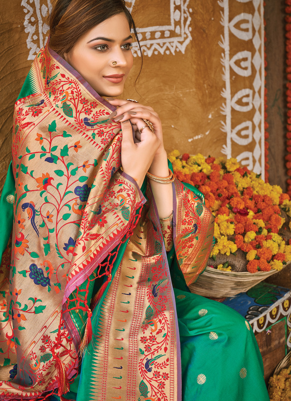 Bella Fancy Dresses US Green Color Silk Weaving Work Saree