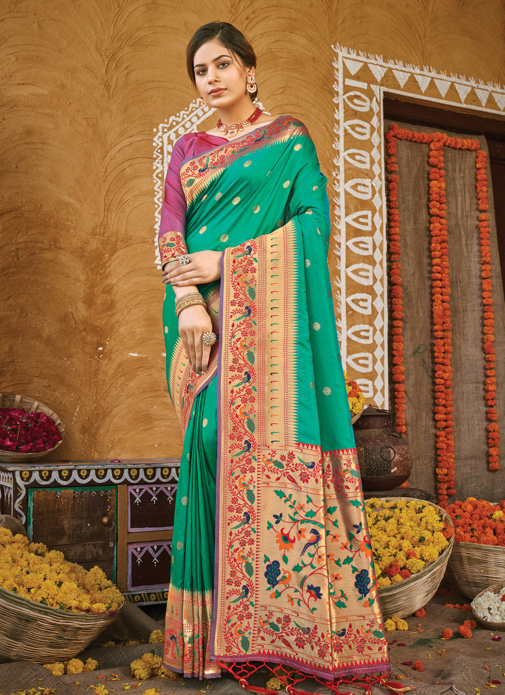 Bella Fancy Dresses US Green Color Silk Weaving Work Saree