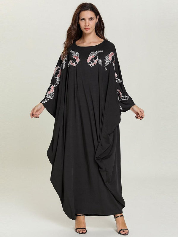 Bella Fancy Dresses US Islamic Wear Fashion Flower Embroidery Bat Sleeve Maxi Dress