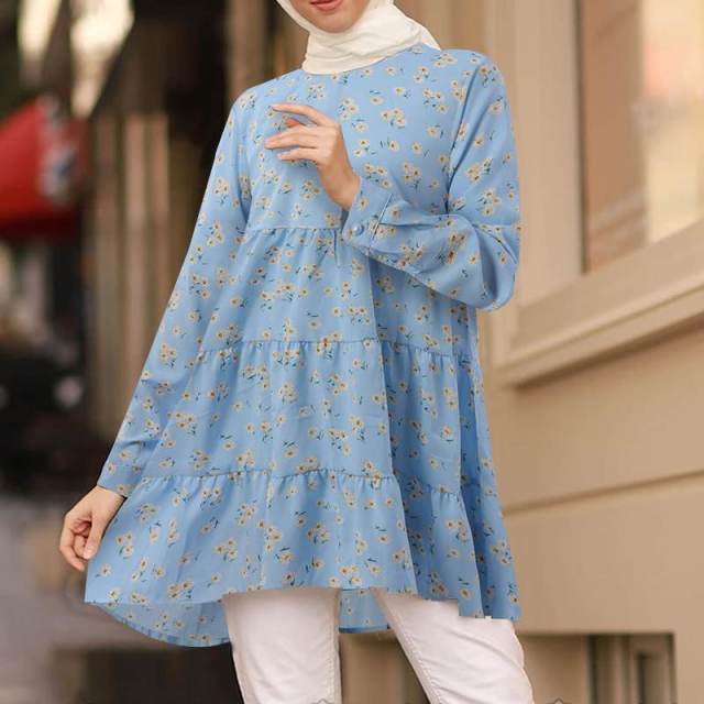 Bella Fancy Dresses US Islamic Wear Floral Print Blouse Women Casual Long Sleeve Ruffle Chemise Elegant Bohemian Dubai Turkey Tunic Top Oversized