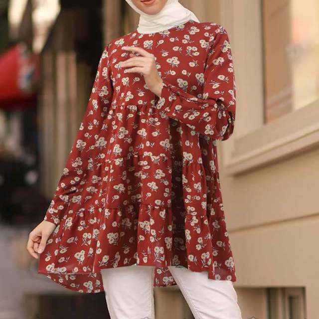 Bella Fancy Dresses US Islamic Wear Floral Print Blouse Women Casual Long Sleeve Ruffle Chemise Elegant Bohemian Dubai Turkey Tunic Top Oversized