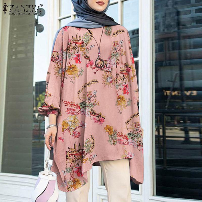 Bella Fancy Dresses US Islamic Wear High Low Abaya Hijab Blusas Women Floral Printed Muslim Islamic Blouse Tops Vintage Long Sleeve O-Neck Shirt Oversized