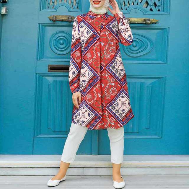 Bella Fancy Dresses US Islamic Wear Long Tops Vintage Printed Islamic Baggy Shirts Autumn Blouses Female Casual O Neck Chemise Oversized