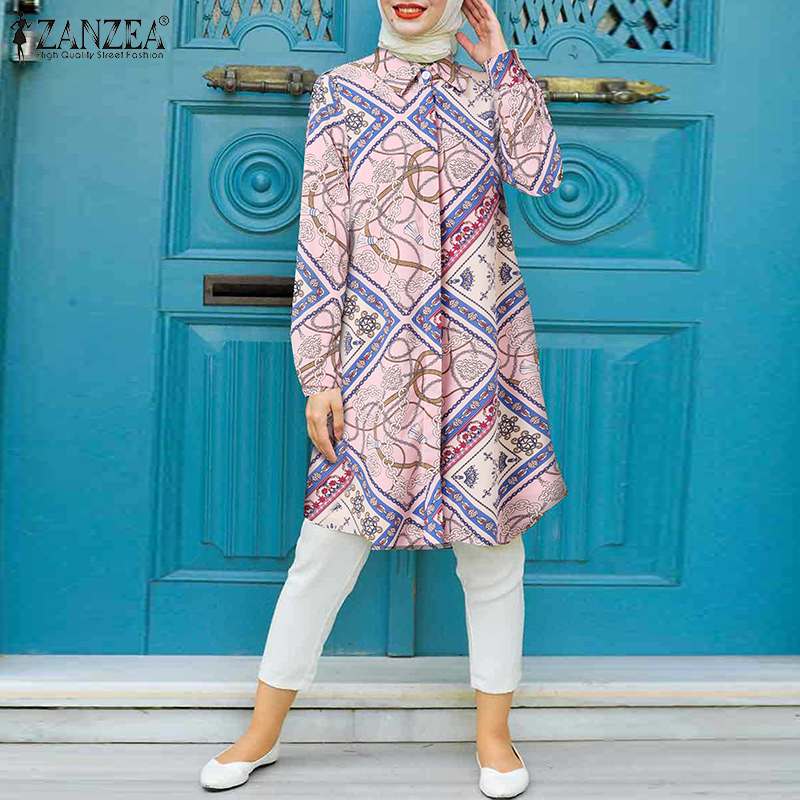 Bella Fancy Dresses US Islamic Wear Long Tops Vintage Printed Islamic Baggy Shirts Autumn Blouses Female Casual O Neck Chemise Oversized