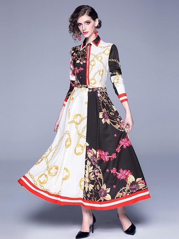 Bella Fancy Dresses US Islamic Wear Vintage Contrast Color Printed Long Sleeve Maxi Dress