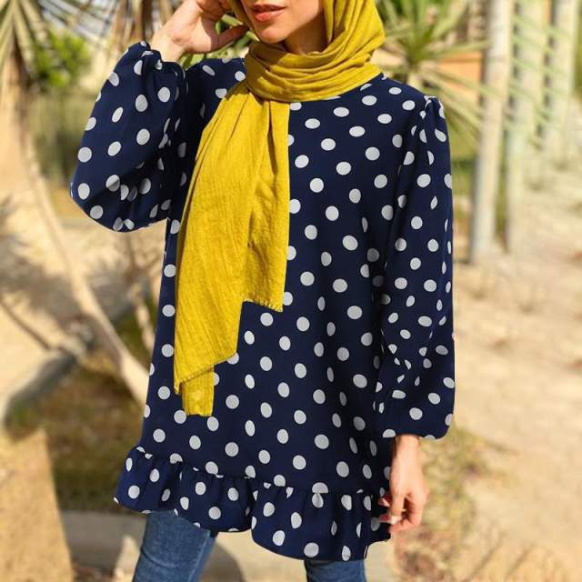 Bella Fancy Dresses US Islamic Wear Vintage Polka Dots Printed Holiday Blouse Oversized Autumn Women Muslim Long Sleeve O-Neck Shirt Loose Work Tops Blusas