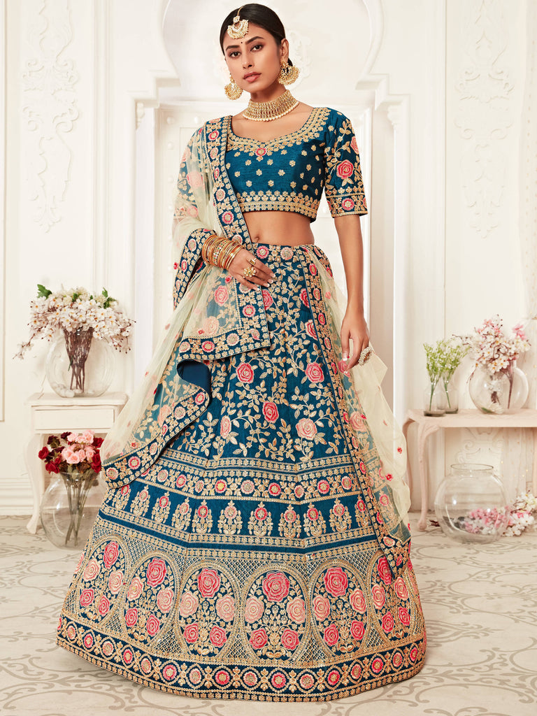 Bella Fancy Dresses US Lehenga Blue Floral Silk Wedding Lehenga Choli