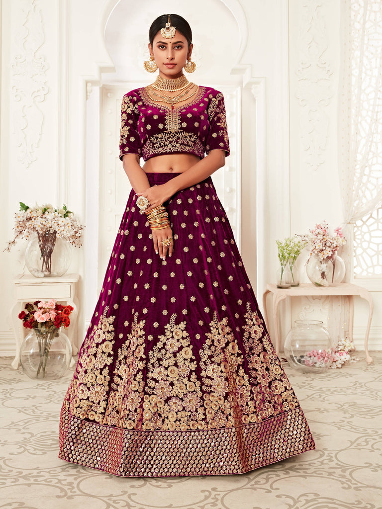 Bella Fancy Dresses US Lehenga Floral Embroidery Velvet Wedding Lehenga In Purple