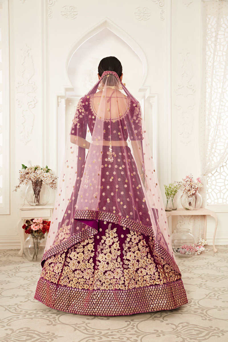 Bella Fancy Dresses US Lehenga Floral Embroidery Velvet Wedding Lehenga In Purple