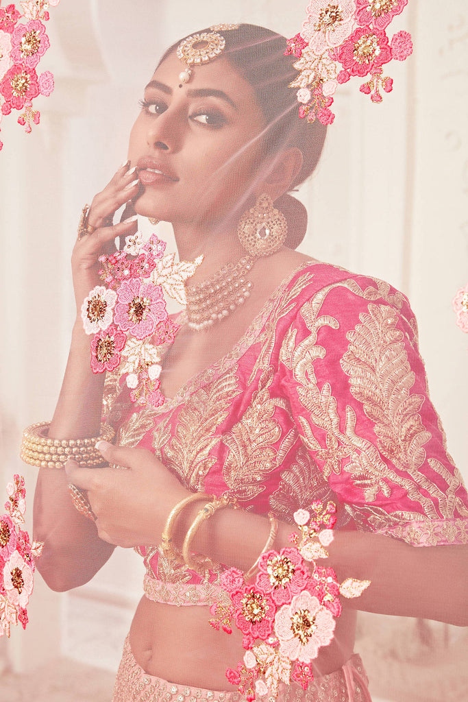 Bella Fancy Dresses US Lehenga Mesmerizing Pink Embroidered Net Wedding Lehenga