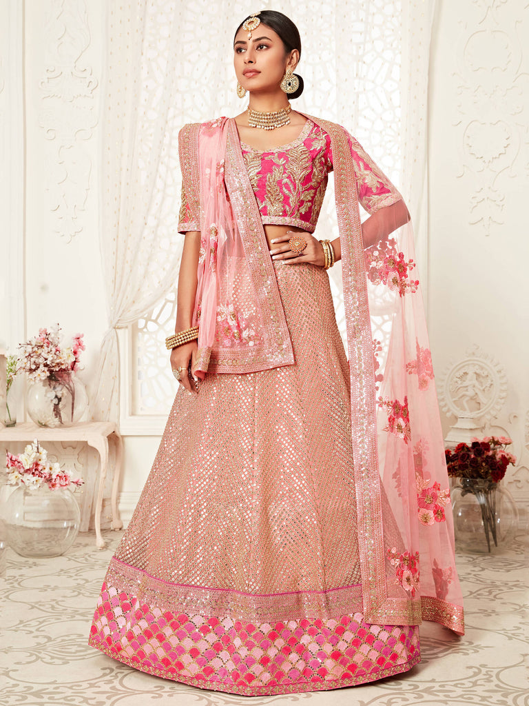 Bella Fancy Dresses US Lehenga Mesmerizing Pink Embroidered Net Wedding Lehenga