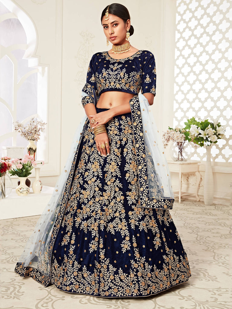 Bella Fancy Dresses US Lehenga Navy Blue Embroidered Velvet Wedding Lehenga Choli