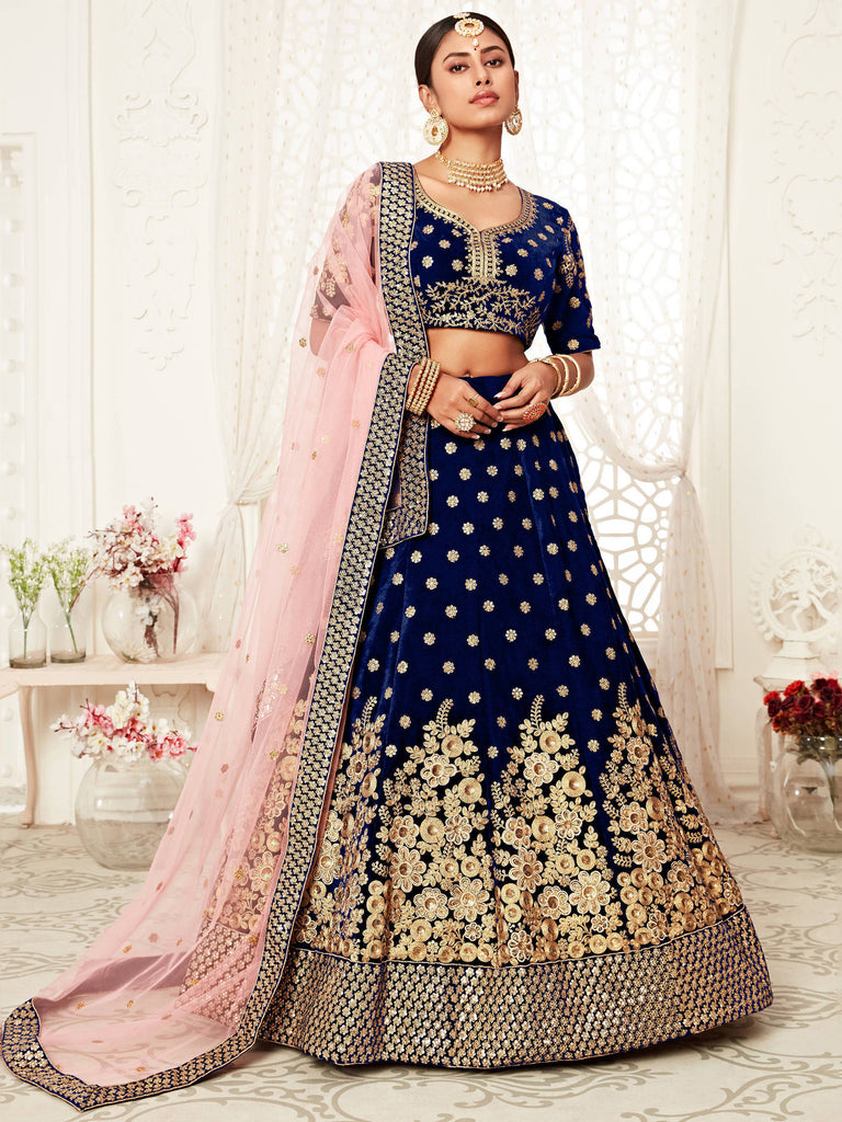 Bella Fancy Dresses US Lehenga Navy Blue Floral Embroidery Velvet Bridal Lehenga