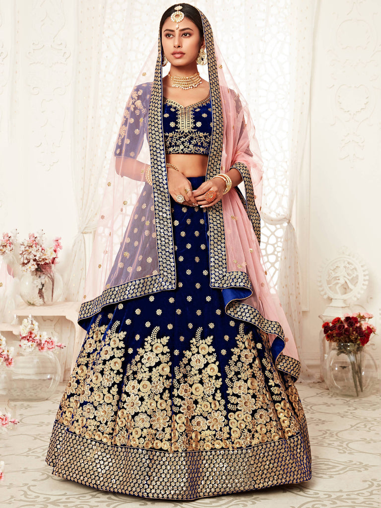 Bella Fancy Dresses US Lehenga Navy Blue Floral Embroidery Velvet Bridal Lehenga