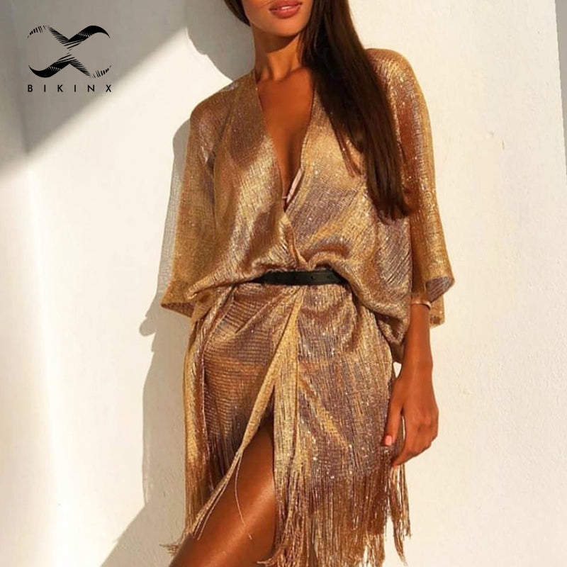 Bella Fancy Dresses US Lingerie & Sleepwear Tassel gold bikini cover up Sexy beach dress tunics for women beachwear 2021 Summer See through swimsuit cover-ups kaftan new