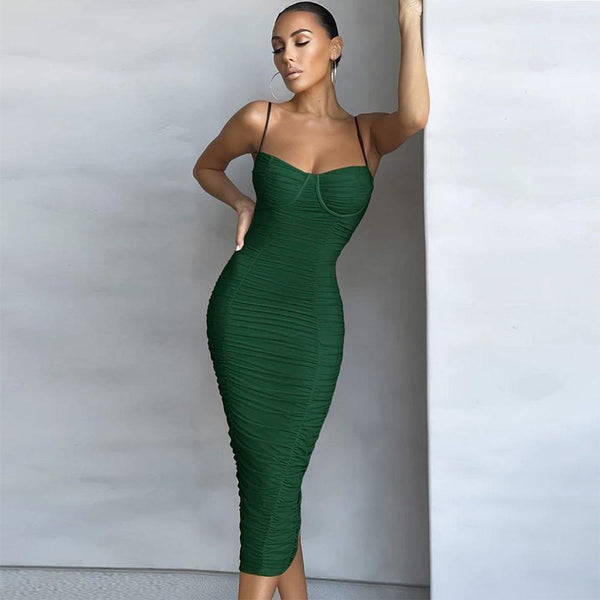 Bella Fancy Dresses US Mesh Draped Bandage Dress 2021 New Arrival Midi Bandage Dress Bodycon Women Summer Green Sexy Party Dress Evening Club Outfits