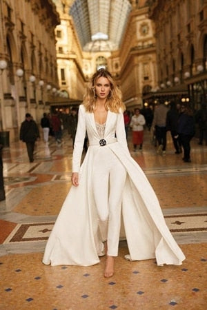 Bella Fancy Dresses US Office Lady Faux 2 Piece Trench Jumpsuits 2019 Autumn Women Long Sleeve Deep V Neck Bodycon White Elegant OL Work Overall