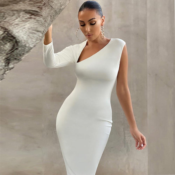 Bella Fancy Dresses US One Shoulder Midi Bandage Dress 2022 Christmas New Year White Bandage Dress Bodycon Women Sexy Party Dress Evening Outfits