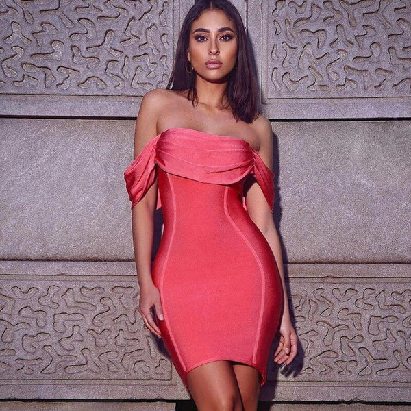 Bella Fancy Dresses US Pink Bandage Dress 2021 New Arrival Mini Bandage Dress Bodycon Women Summer Off Shoulder Sexy Party Dress Evening Club Outfits