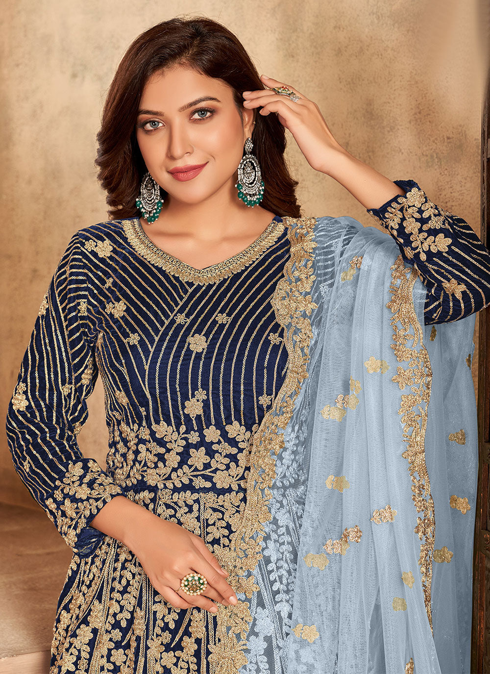 Bella Fancy Dresses US Salwar Kameez Blue Velvet Floor Length Anarkali Suit