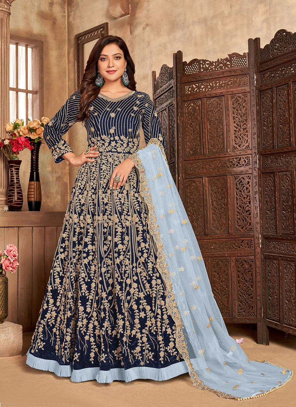 Bella Fancy Dresses US Salwar Kameez Blue Velvet Floor Length Anarkali Suit
