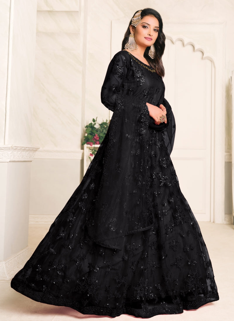 Bella Fancy Dresses US Salwar Kameez Net Embroidered Floor Length Dress In Black