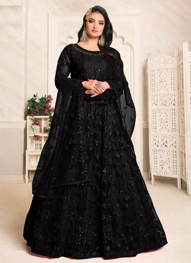 Bella Fancy Dresses US Salwar Kameez Net Embroidered Floor Length Dress In Black