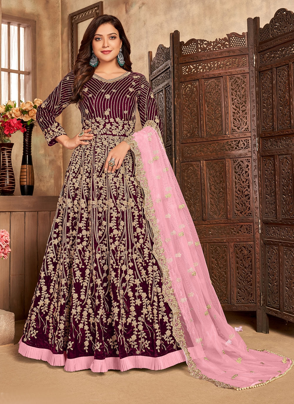Bella Fancy Dresses US Salwar Kameez Velvet  Designer Floor Length Anarkali Suit In Wine