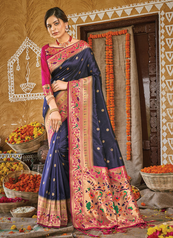 Bella Fancy Dresses US Saree Blue Silk Weaving Traditional Saree