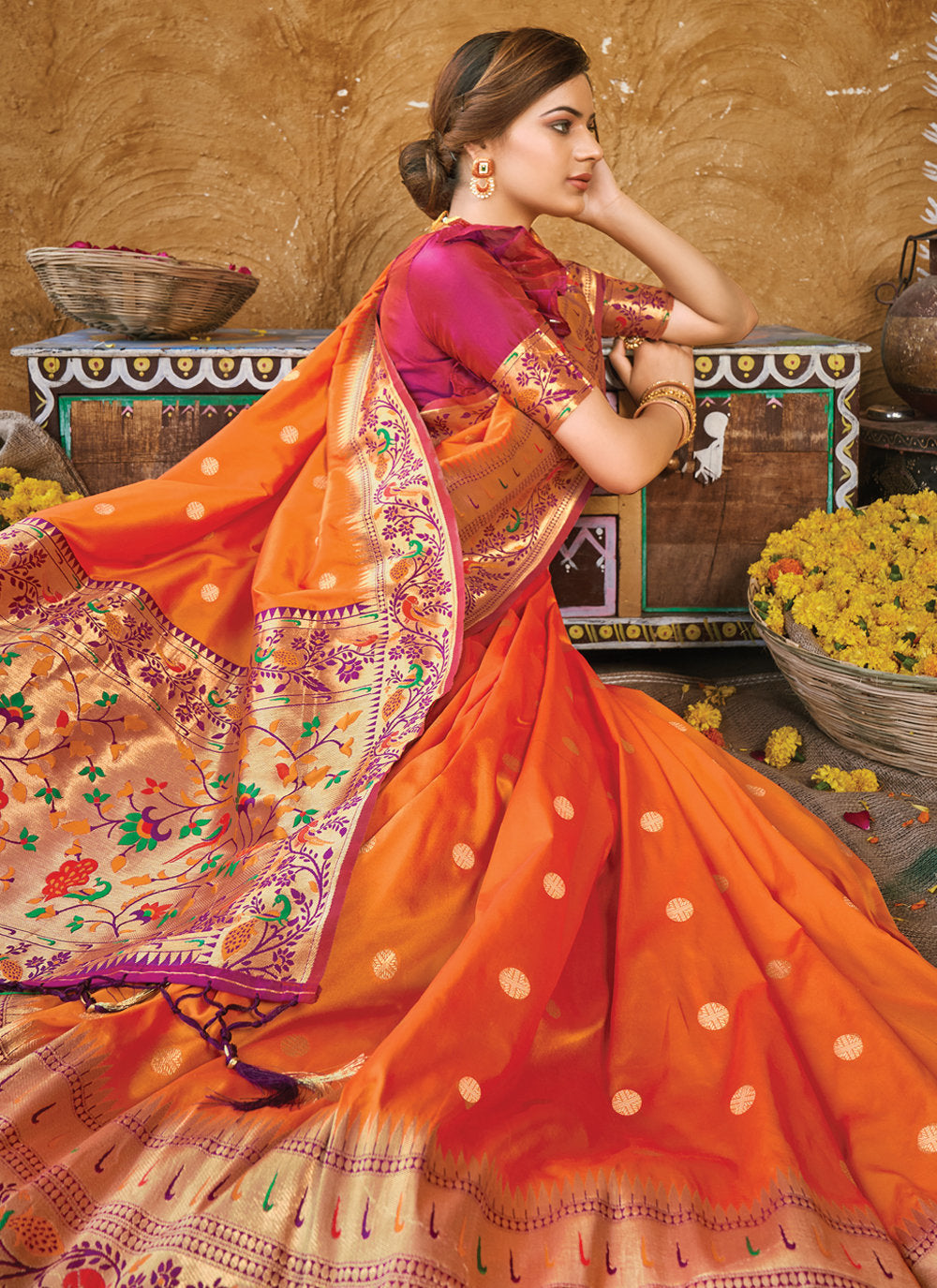 Bella Fancy Dresses US Saree Embroidered Silk Traditional Saree In Orange