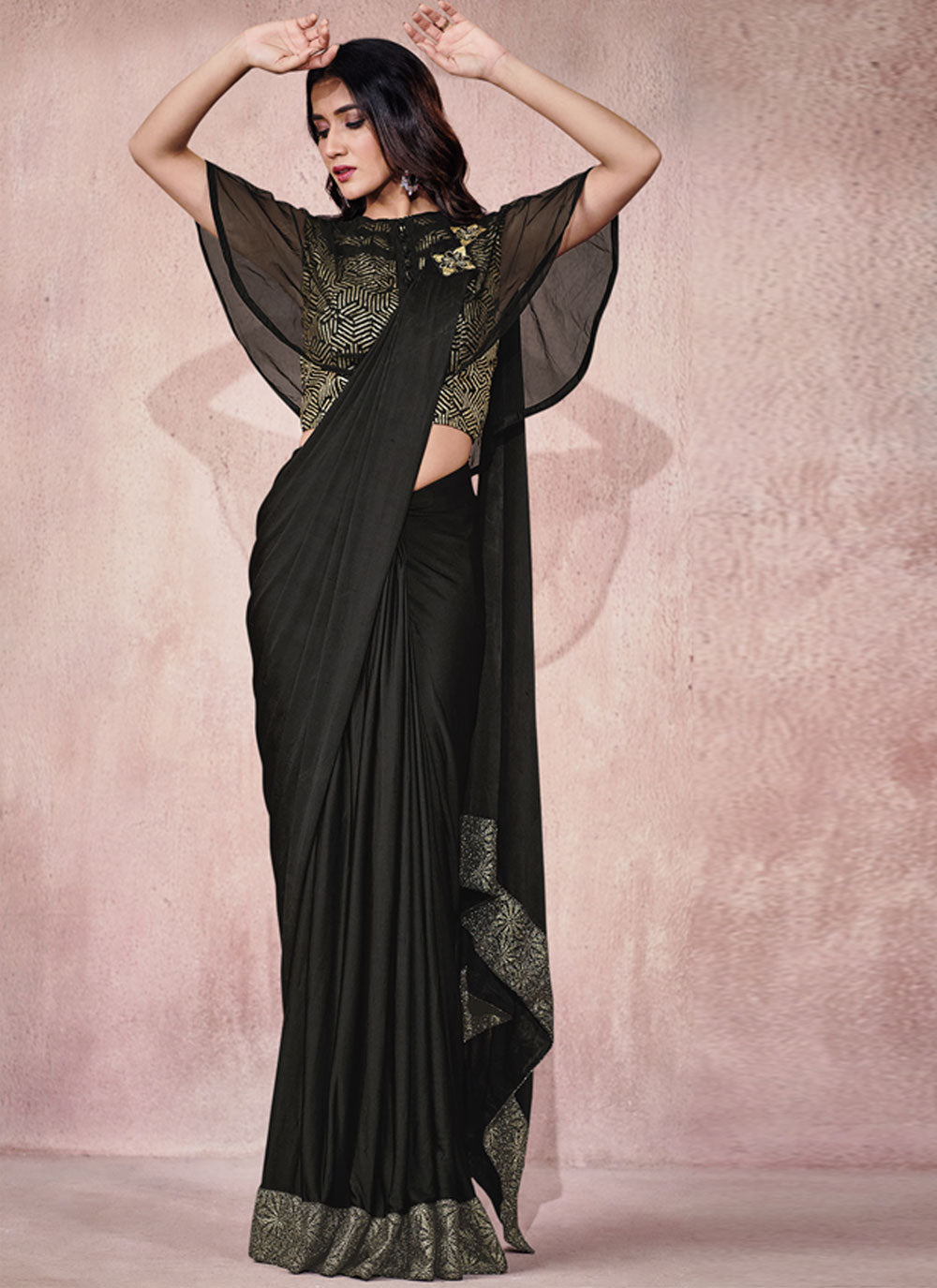 Bella Fancy Dresses US Saree Lycra Sequins Readymade Saree In Black