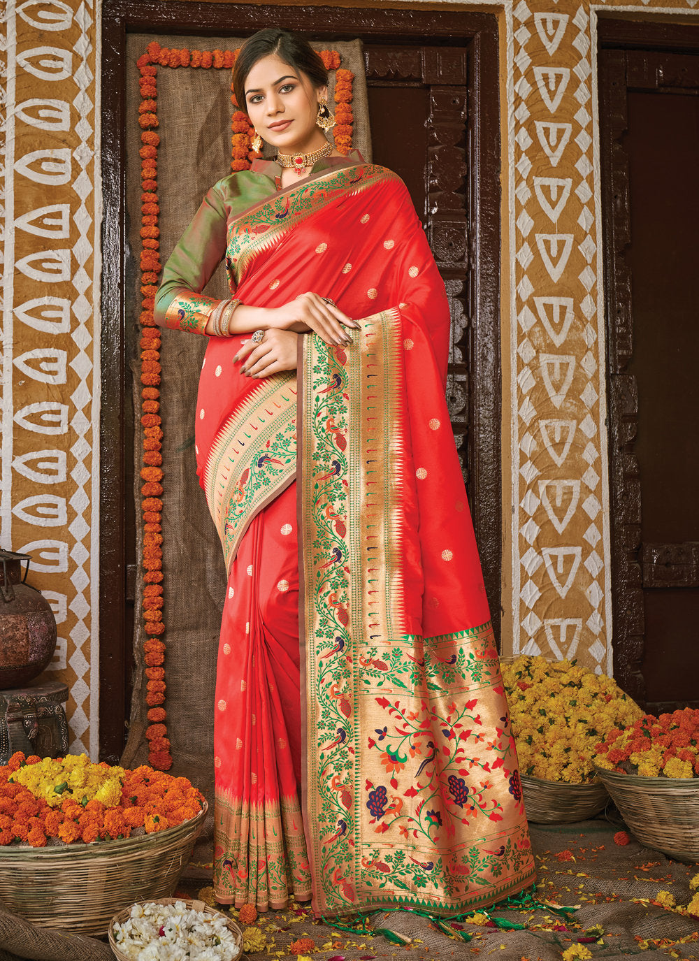 Bella Fancy Dresses US Saree Red Embroidered Paithani Silk Saree