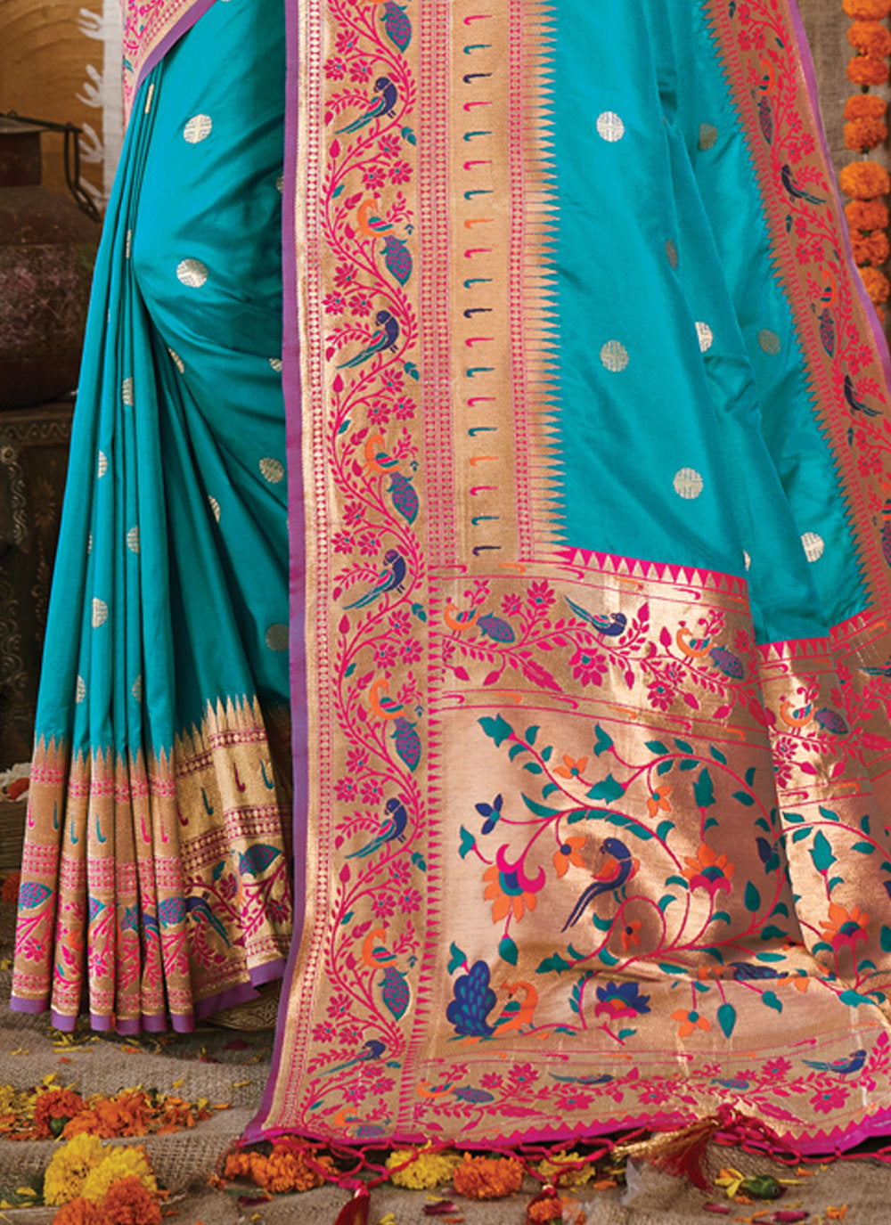 Bella Fancy Dresses US Saree Teal Embroidered Paithani Silk Designer Saree