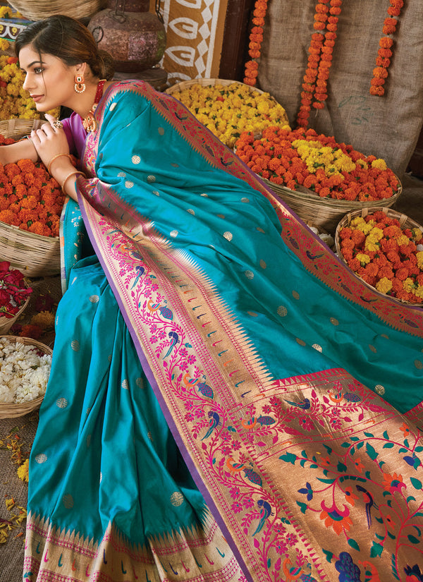 Bella Fancy Dresses US Saree Teal Embroidered Paithani Silk Designer Saree