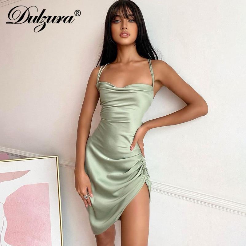 Bella Fancy Dresses US Satin Women Strap Mini Dress Ruched Lace Up Cross Bandage Backless Bodycon Sexy Party Elegant 2020 Club Christmas Slim