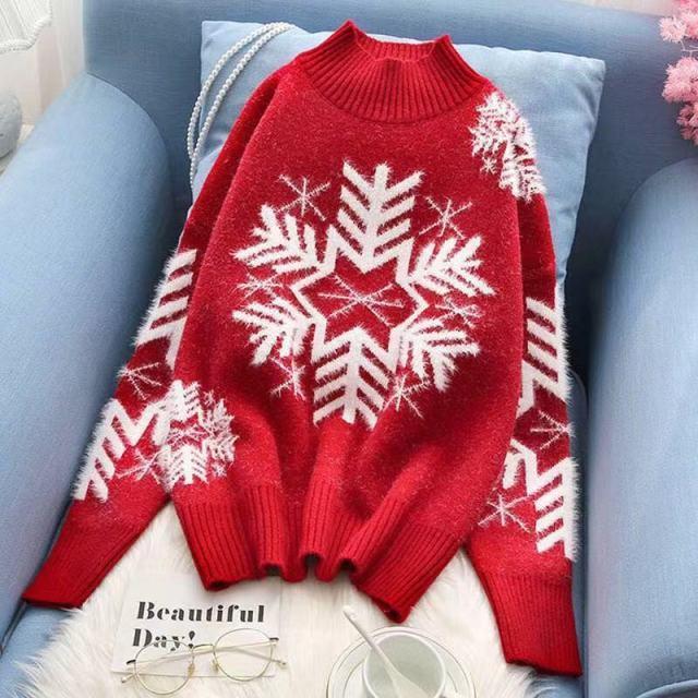 Bella Fancy Dresses US Semi-high-necked sweater girl loose-fitting sleeve new autumn/winter Christmas snowflake red student bottom sweater
