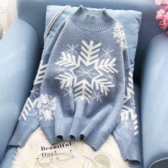 Bella Fancy Dresses US Semi-high-necked sweater girl loose-fitting sleeve new autumn/winter Christmas snowflake red student bottom sweater