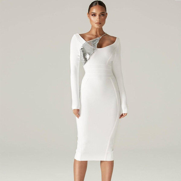 Bella Fancy Dresses US Sequined  Long Sleeve Bandage Dress 2022 Christmas New Year White Bandage Dress Bodycon Women Sexy Party Dress Evening Outfits