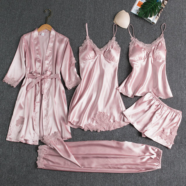 Bella Fancy Dresses US Sleepwear Female 5PCS Pajamas Set Satin Pyjamamas Lace Patchwork Bridal Wedding Nightwear Rayon Home Wear Nighty&amp;Robe Suit