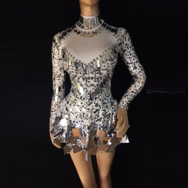Bella Fancy Dresses US Sparkly Silver Mirrors Rhinestone Night Club Party Bodysuit Women&#39;s Long Sleeve Sexy Mini Birthday Party Dress Performance Wear