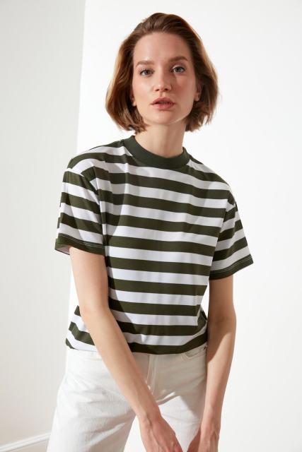 Bella Fancy Dresses US Striped Basic Sheer Neckline Knitted T-Shirt TWOSS21TS1204 -2021