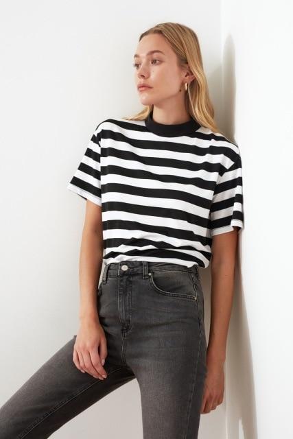 Bella Fancy Dresses US Striped Basic Sheer Neckline Knitted T-Shirt TWOSS21TS1204 -2021