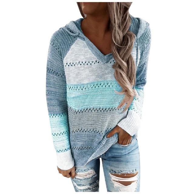 Bella Fancy Dresses US Sweater Fashion Blouse Women Casual Patchwork V-neck Long Sleeves Hooded Sweater Blouse Tops Blusas Femininas