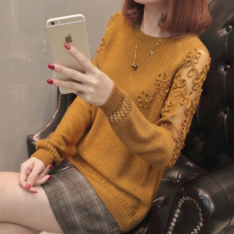Bella Fancy Dresses US Sweater Lace hollowed-out bottom shirt sweater women autumn loose sleeve long sleeve leisure middle-aged mother sweate