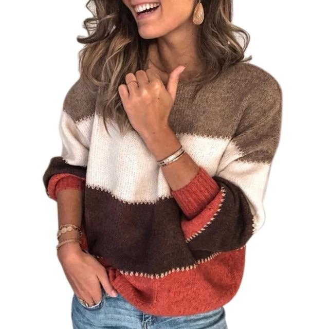 Bella Fancy Dresses US Sweater Long Sleeve Striped Sweater Women Autumn Winter Plush Sweater Round Neck Four-color Stitching Warm Sweater TY66