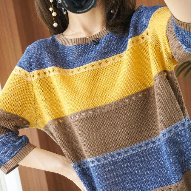 Bella Fancy Dresses US Sweater Woman Sweaters round Neck Loose Hollow out Early Autumn Women's Color Matching Knitted Top  Femme Chandails Pull Hiver