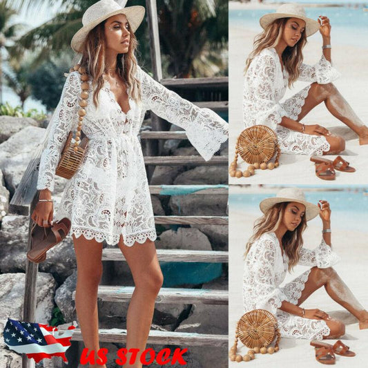Bella Fancy Dresses US Western Wear 2019 New Summer Women Bikini Cover Up Floral Lace Hollow Crochet Swimsuit Cover-Ups Bathing Suit Beachwear Tunic Beach Dress Hot