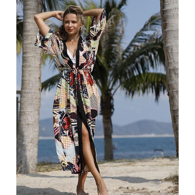 Bella Fancy Dresses US Western Wear Beach Dress 2020 Bikini Cover Up Print Bathing Suit Women Kimono Plus Size Tunic Sexy Long Sleeve Swimwear Cover-Ups